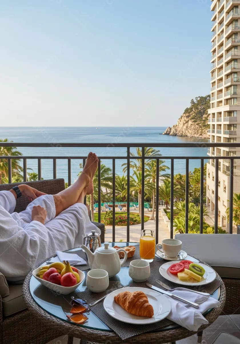 Café da manhã na cama com vista para o mar