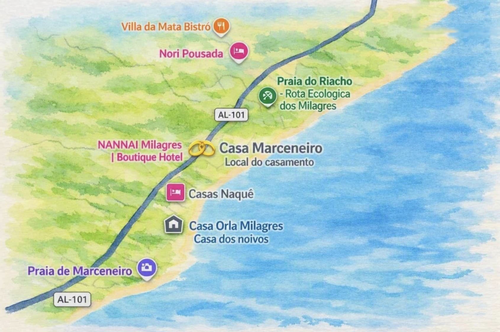 Mapa ilustrado da região de São Miguel dos Milagres, com a Casa Marceneiro (local do casamento), a Casa Orla Milagres (casa dos noivos), pousadas, restaurante e praias próximas