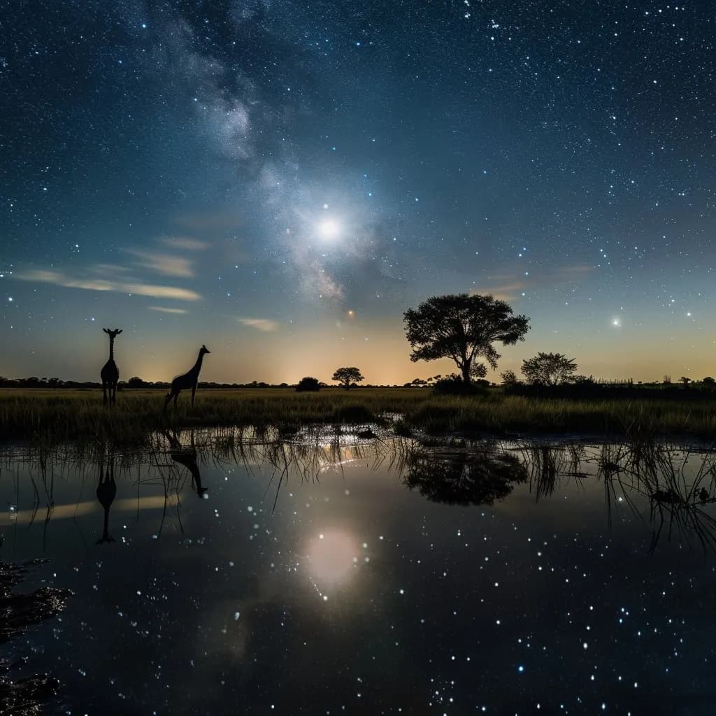 Noite de céu estrelado na reserva do safári